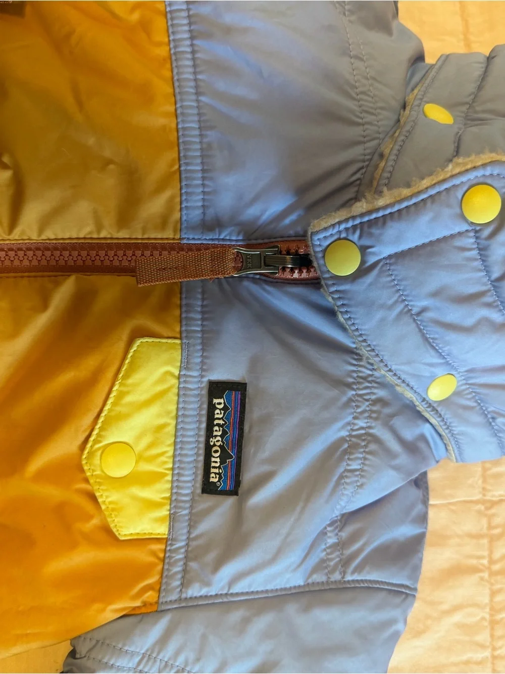 EUC Patagonia Colorblock Puffer Jacket in Light Blue & Mustard